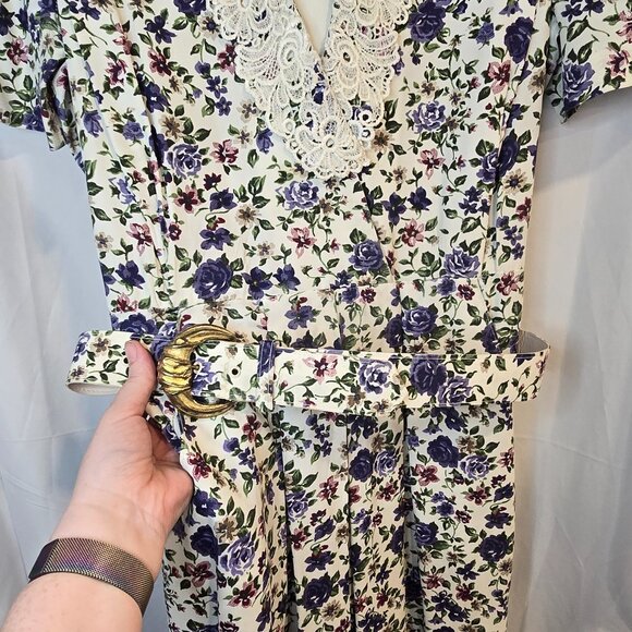 Vintage 80s Shirt Dress Floral Romantic Belted, Blue, Size 12 - Picture 2 of 15